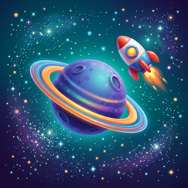 A cartoon ringed planet and rocket