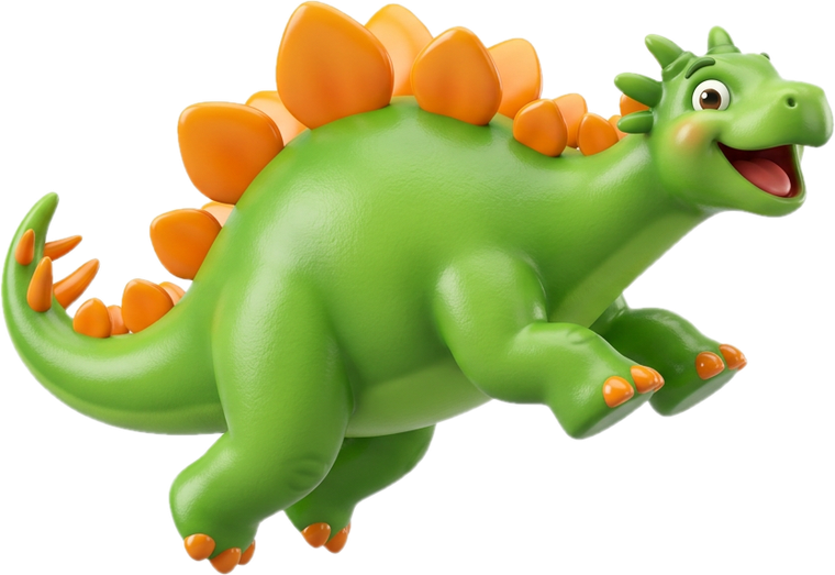 A cheerful green cartoon dinosaur leaping forward, a generated illustration